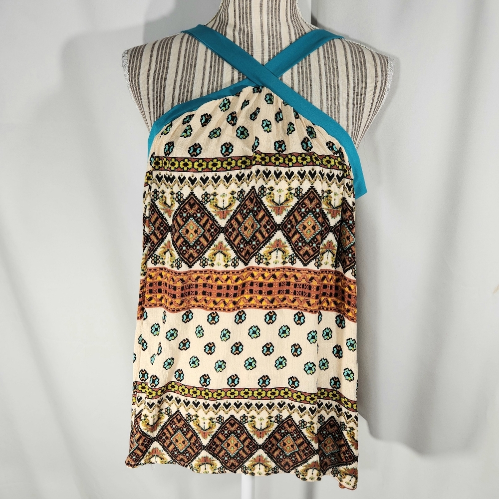 Sugarfox Teal Cream Multi BOHO Criss Cross Strap Sleeveless Gauze Top Size Large